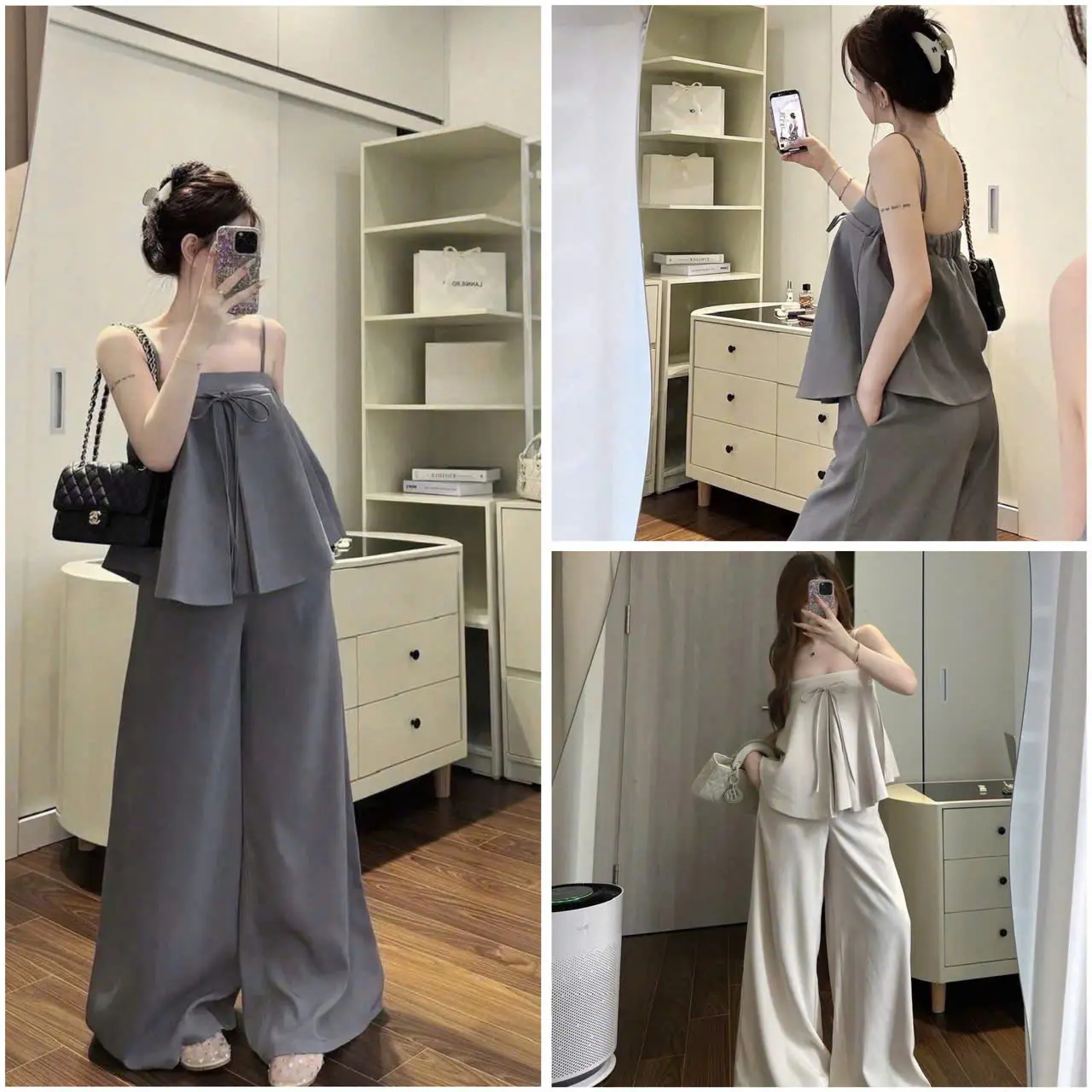Sét bộ áo dây tùng babydoll nơ dây phối quần ống rộng trẻ trung hack dáng