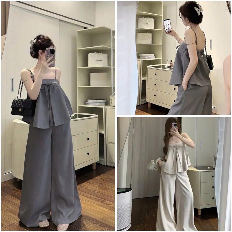 Sét bộ áo dây tùng babydoll nơ dây phối quần ống rộng trẻ trung hack dáng