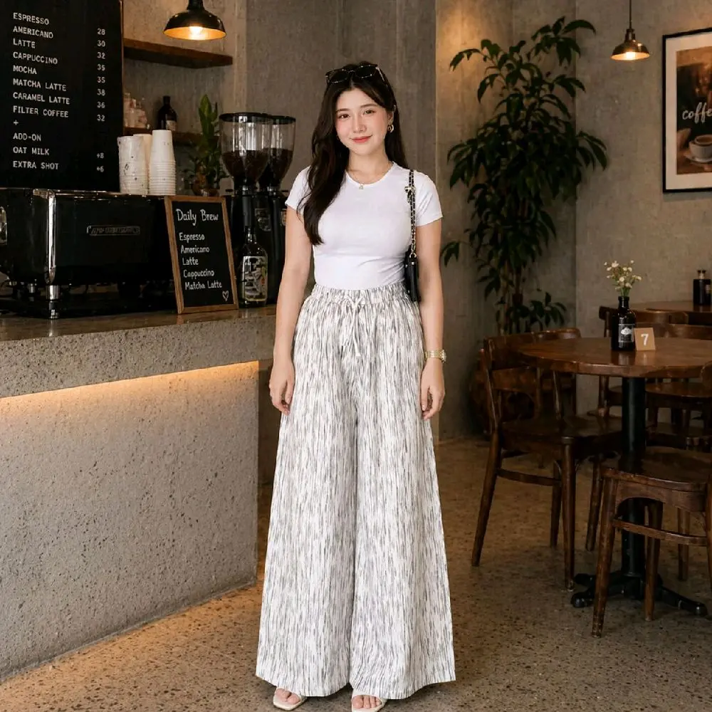 LANGSUNG KIRIM YA KAKA Celana Panjang Everyday Pants - Stripe Pants - Celana Kulot Wanita Kekinian - Motif Abstrak - Celana Baggy Pants Wanita - Kerja Kantor Kuliah - Standar Jumbo Celana Formal Casual Wanita Loose Basic