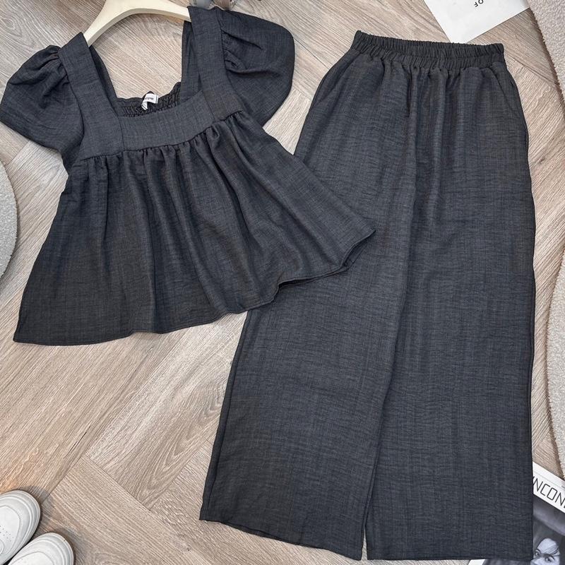 Q77 Set [áo cổ U bochun sau babydoll + quần dài vải đũi] form 40-60kg mang vừa phù hợp đi chơi . di du lich chất mát thoáng thấm hút mồ hồi Hằng tidy