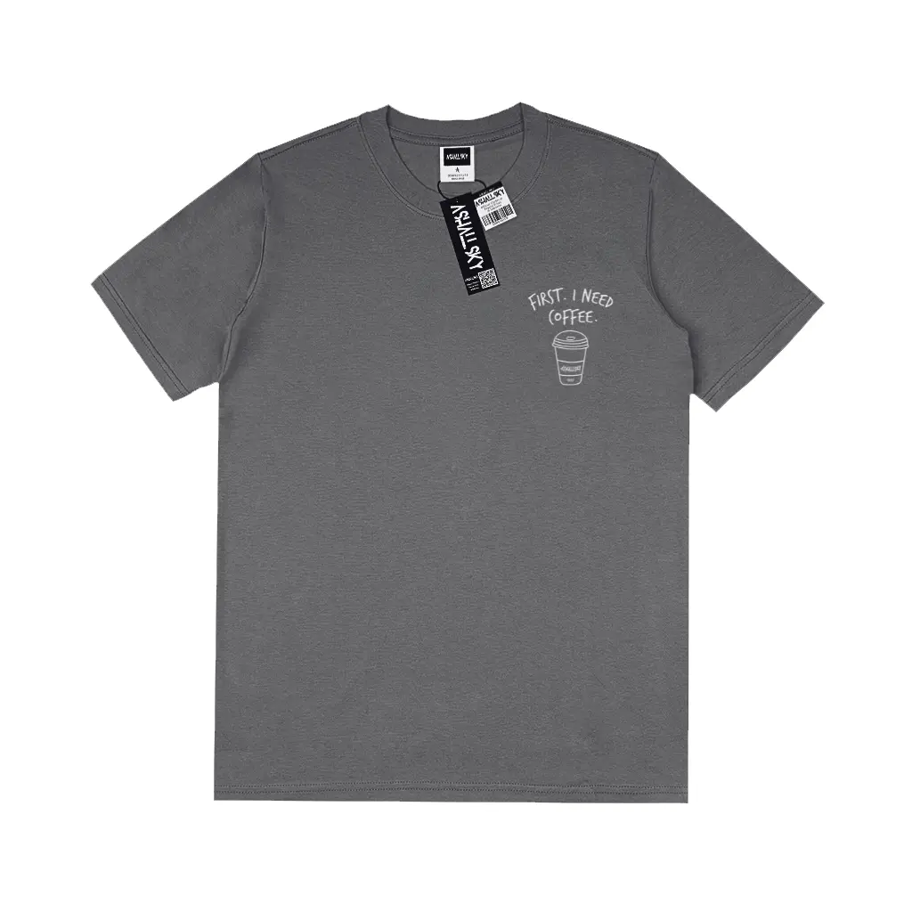 Ashall.sky Kaos Distro Pria First I Need Coffee Simpel Logo | Koas Abu Polos | Kaos Simpel Distro Baju