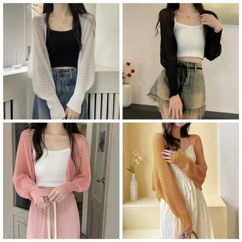 Áo Cardigan Dệt Kim, Phong Cách Thường Ngày Ngoại Cỡ, Thiết Kế Khoét Lỗ Dáng Rộng Vừa Vặn, Áo Đan Móc, Thích Hợp Đi Biển, Áo Crop Top Mỏng, Chống Nắng, Khăn Choàng Chống Nắng Dệt Kim, Lý Tưởng Cho Kỳ Nghỉ 8