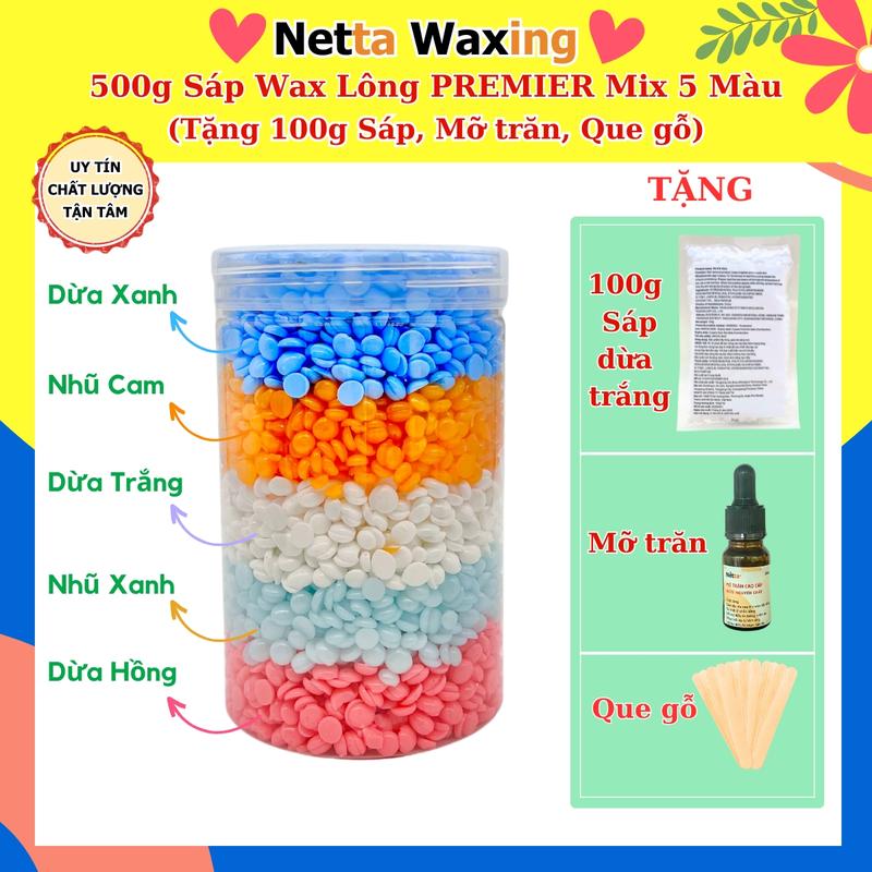   Tặng 100g Sáp+Mỡ trăn  Hủ 500g Sáp Wax Lông MIX 5 màu + Tặng que gỗ Waxing- Sáp wax thơm wax sạch lông Cạo Râu 
