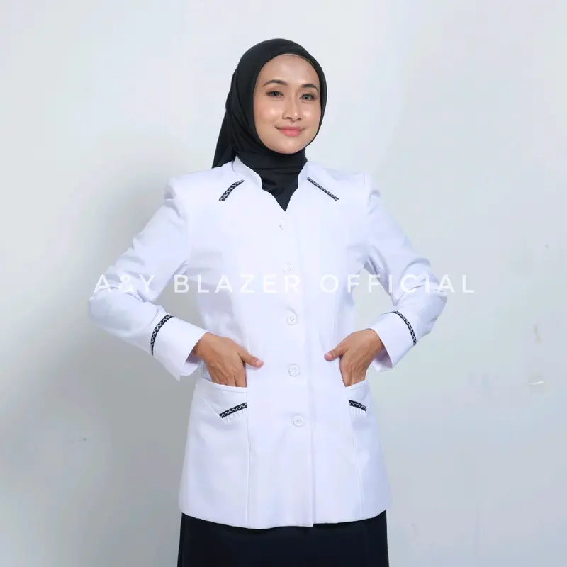 [05] A&Y Blazer Baju Seragam PDH Guru / PNS Wanita Warna PUTIH LIST HITAM | Seragam Kerja Dinas PDH PUTIH HITAM Wanita terbaru pdh  putih pppk 4