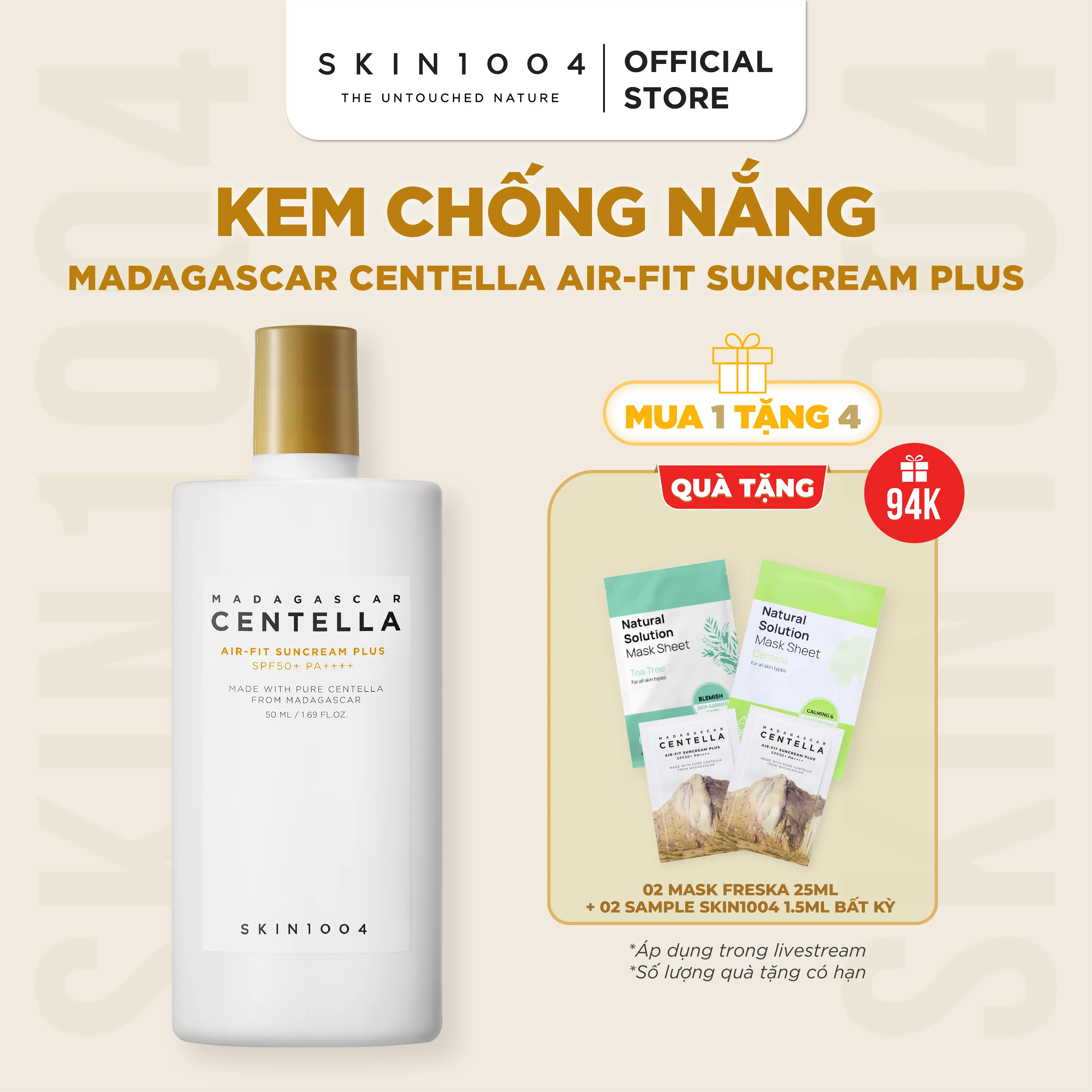 [LS][Tặng 2 mask giấy Freska+2 sachets bất kỳ] SKIN1004 Kem chống nắng vật lí Madagascar Centella Air-Fit SunCream Plus SPF50+PA++++ 50ml