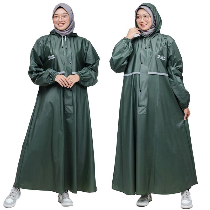 Jas hujan gamis wanita, mantel gamis wanita dewasa jumbo tebal elastis bahan PVC karet premium tahan air hijau Syari 0