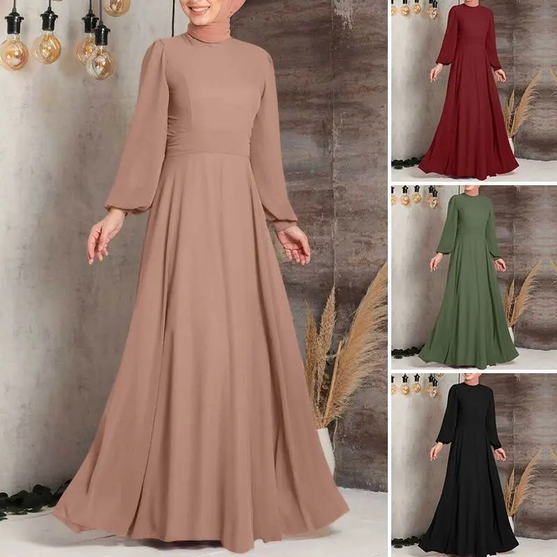Women's Muslim Commuter Street Fashion High Waist Design a Swing Lantern Sleeve Dress Long Dress Jumpsuit