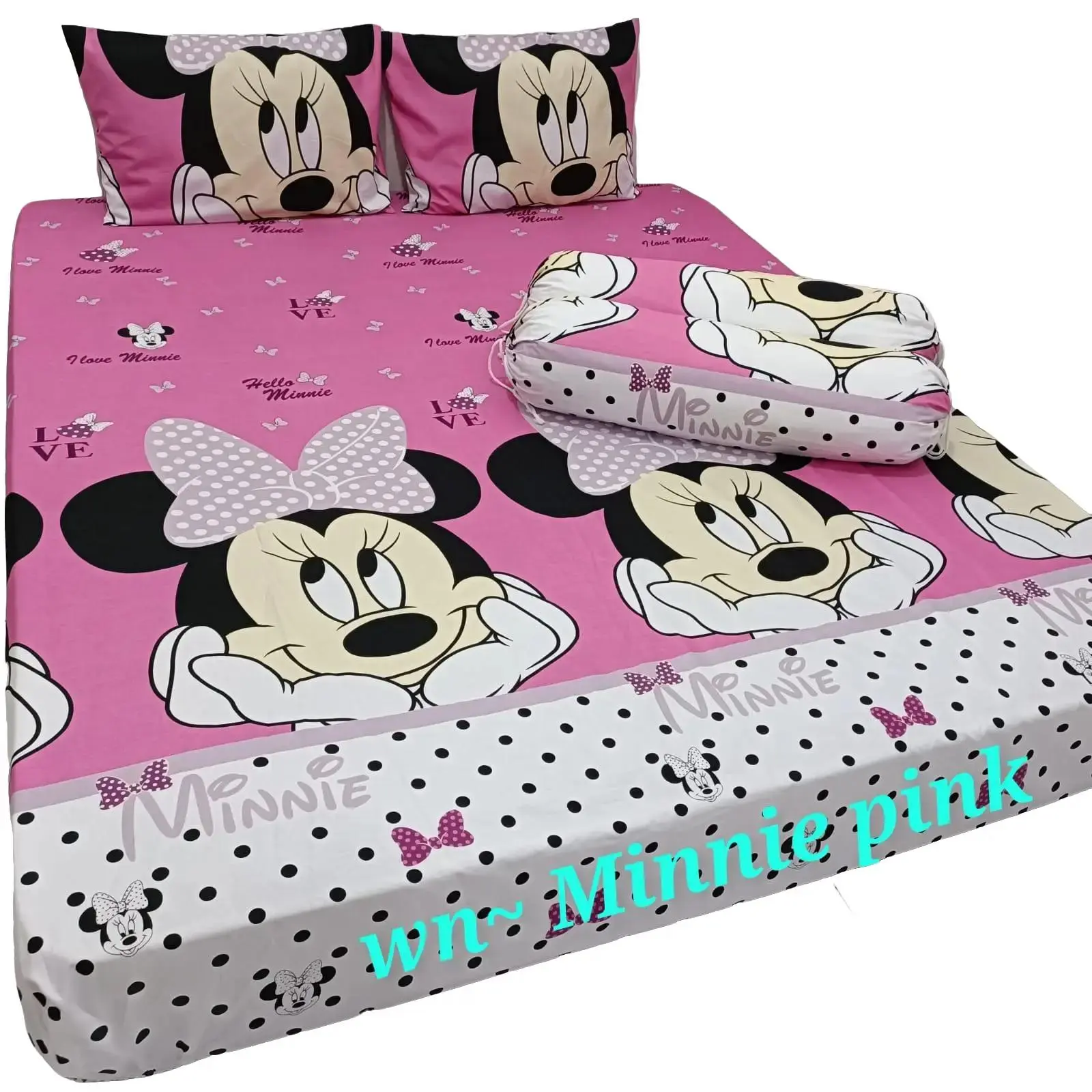 SPREI MOTIF KARAKTER MINI PINK Set Sarung Bantal Sarung Guling Karet Kain