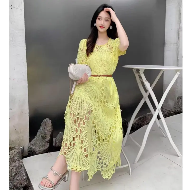 [ Marsha Ambroidered Lace Dress ] Fit Size M-L Fashion Gaun Wanita Dres Katun Bordir Katbol Formal Outfit Party Pesta Elegan Anggun Feminim Hitam Kuning Hijau Putih Kondangan Simple Natal Mewah 6