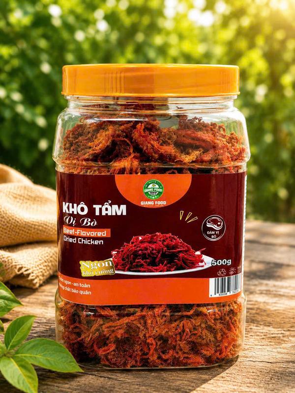 Khô gà tẩm vị bò-hũ 500gr-đậm vị bò-có giấy vsattp