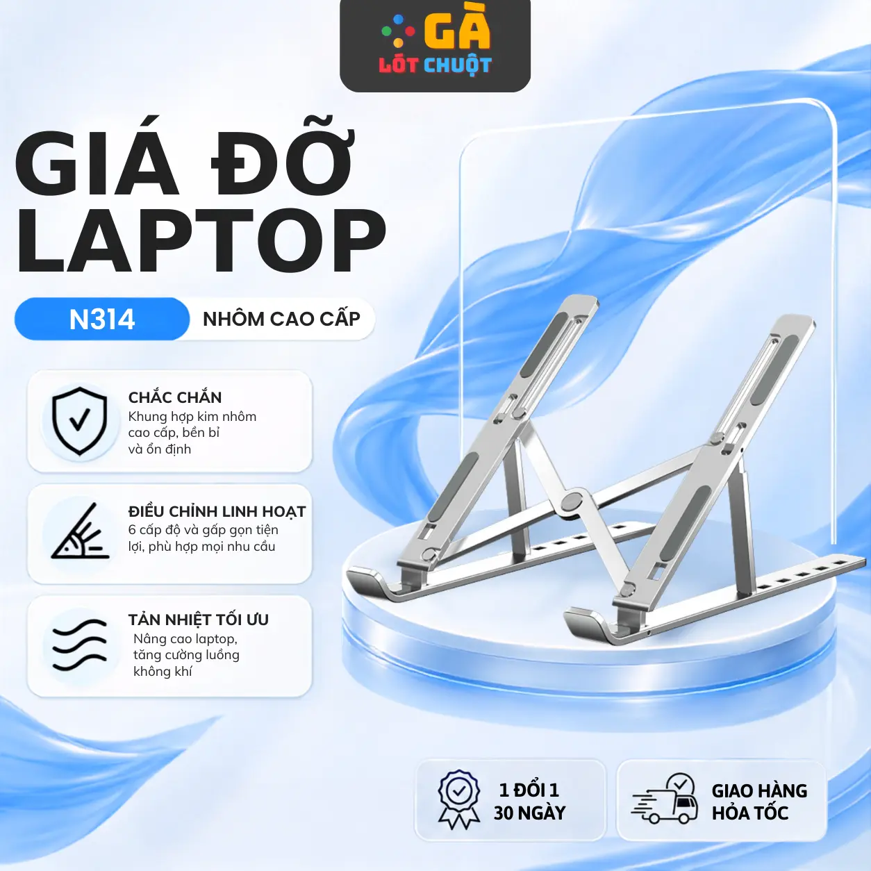 Giá đỡ Laptop nhôm 6 cấp độ nâng hạ độ cao, thiết kế nhỏ gọn, hỗ trợ tản nhiệt cho laptop - GÀ LÓT CHUỘT