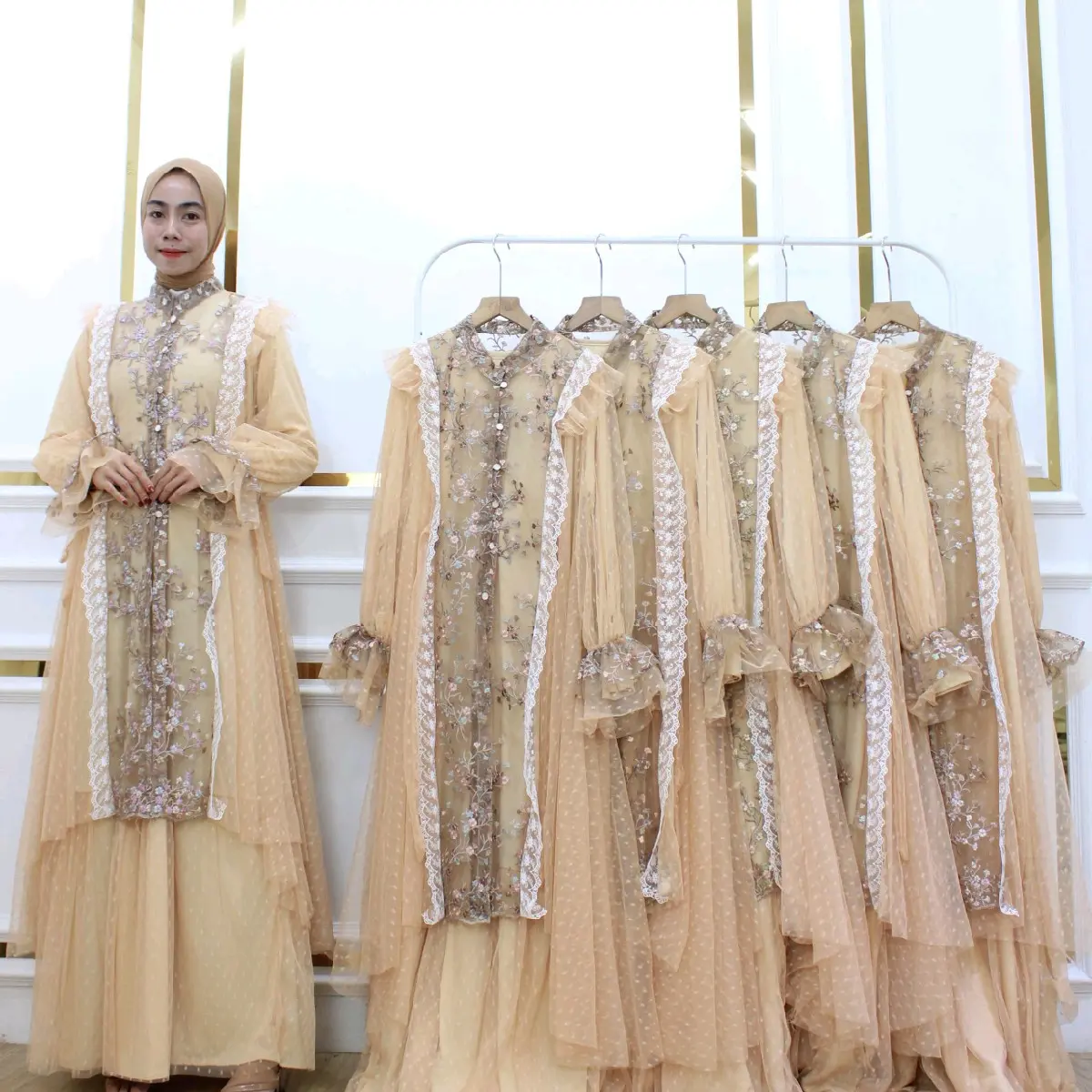 GAMIS inner+ outer brokat tile dotty gamis wanita lebaran mewah/gamis brokat kondangan wanita terbaru 1 warna saja Bordir