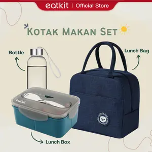 Eatkit Kotak Makan 900ml & Tas Bekal Navy Biru Cangkir Soup Wheatstraw Anti Panas BPA Free Eco-Friendly Set Bekal Multicolor Trendy 2025 Bento dengan Sendok Garpu Kitchenware