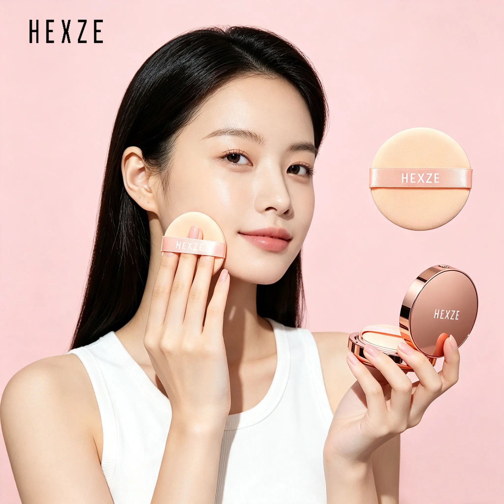 Puff Cushion HEXZE Lembut, Puff Bedak Setting Powder, Aplikasi Makeup Merata Hasil Matte Tidak Cakey untuk Riasan Wajah Sehari‑hari