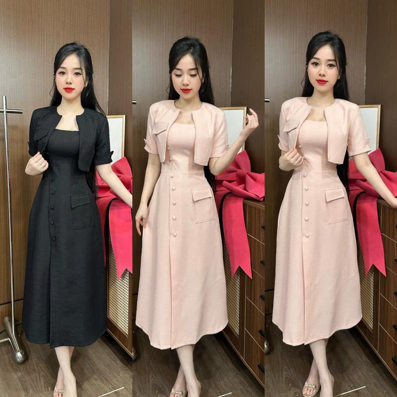 (C32) Set thiết kế hai món áo khoác form tôn dáng +đầm dây có mút form xoè đínhnl nút cách điệu đi làm đi tiệc đều đẹp by Thương Lê C32