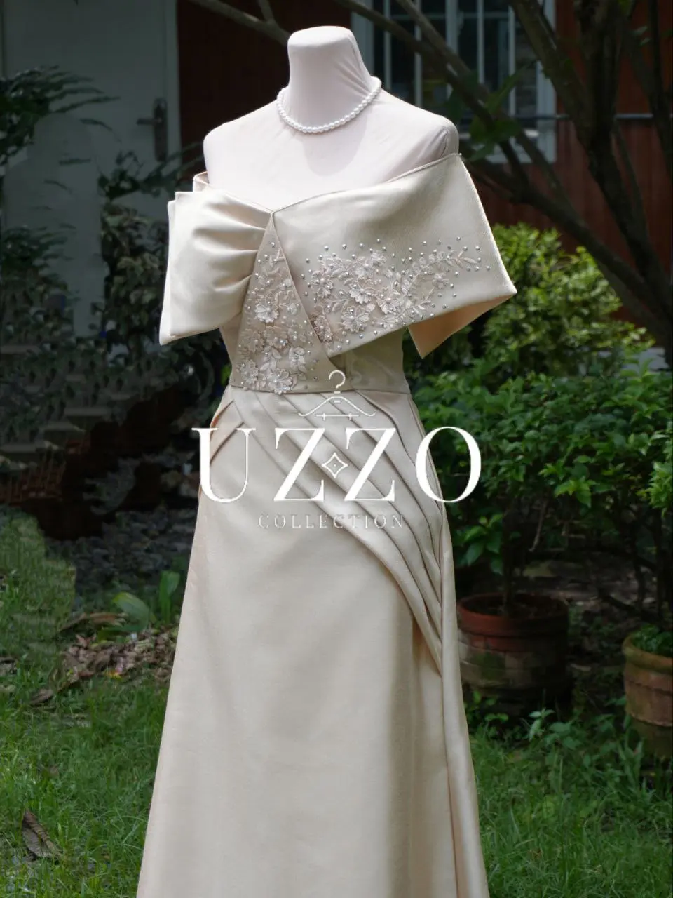 HABLON II Beige Elegant Floral Off-Shoulder Pleated Gazar Long Gown Maxi  Dress A-Line Wedding Ninang Principal Sponsor Mother of the Bride Formal  Events Minimalist Womenswear Cotton Formal Wear Women Comfort Fabric -
