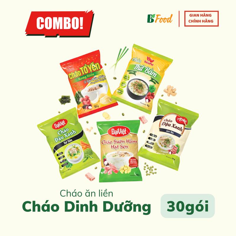 Thùng 30 gói cháo ăn liền cho bé, 5 vị, mỗi vị 6 gói các loại tổ yến rong biển, thịt bằm, đậu xanh thịt bằm, hạt sen, đậu xanh sườn non
