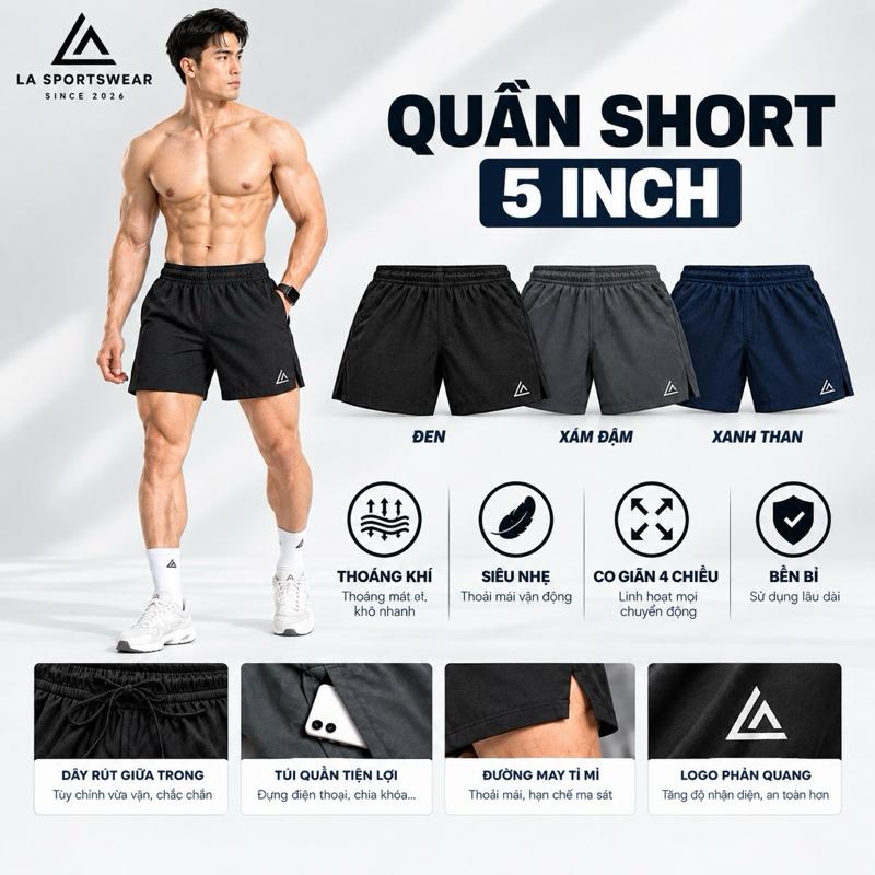 (Combo 3 Quần) LA Sportswear Quần Short form ngắn 5 inch Quần Đùi Nam Thoáng Khí Siêu Nhẹ Co Giãn 4 Chiều Bền Bỉ Màu Đen Xám Đậm Xanh Than