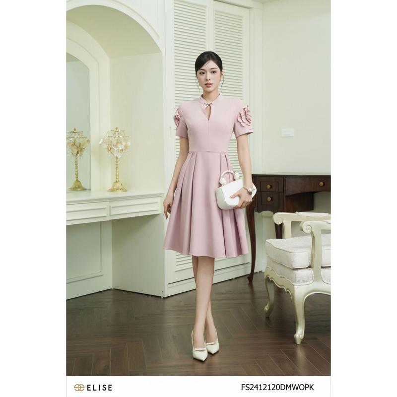 Đầm hồng xòe xếp ly tay hoa thiết kế Elise mã sản phẩm FS2412120DMWOPK