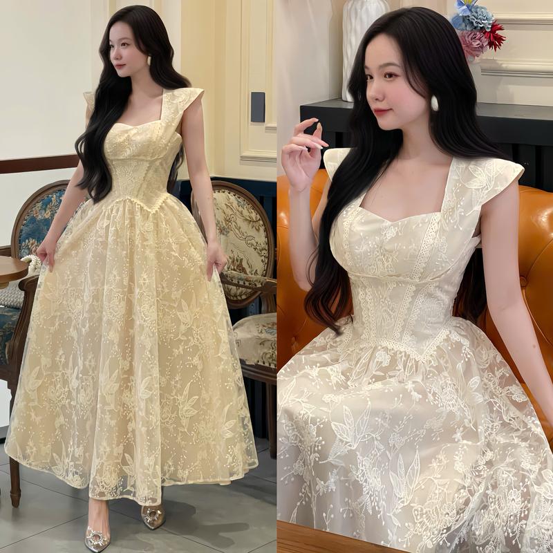 Đầm dự tiệc nữ thiết kế EMME V2089 ren hoa chiết eo xếp ly có mút ngực dáng dài cách điệu top váy nữ sang trọng  - THANH TỰ