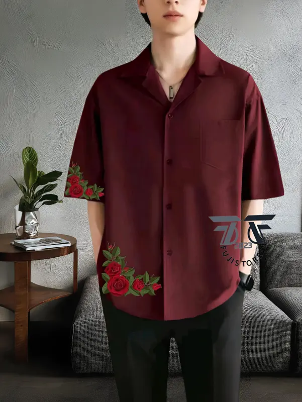 Kemeja Vintage Pria Lengan Pendek Polos Motif Hawai Roses Korean Style Bahan Katun - Kemeja Kerah Piyama 2