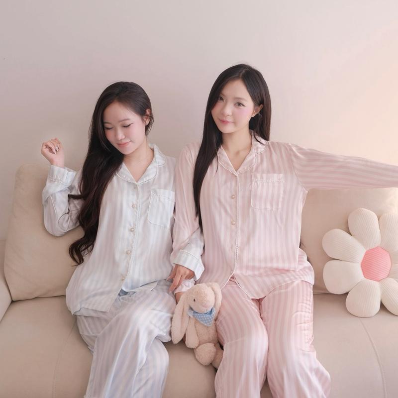 Set Bộ Đồ Ngủ Quần Dài Áo Dài Tay Lụa Latin Thiết Kế Kẻ Sọc Lamin.Homewear