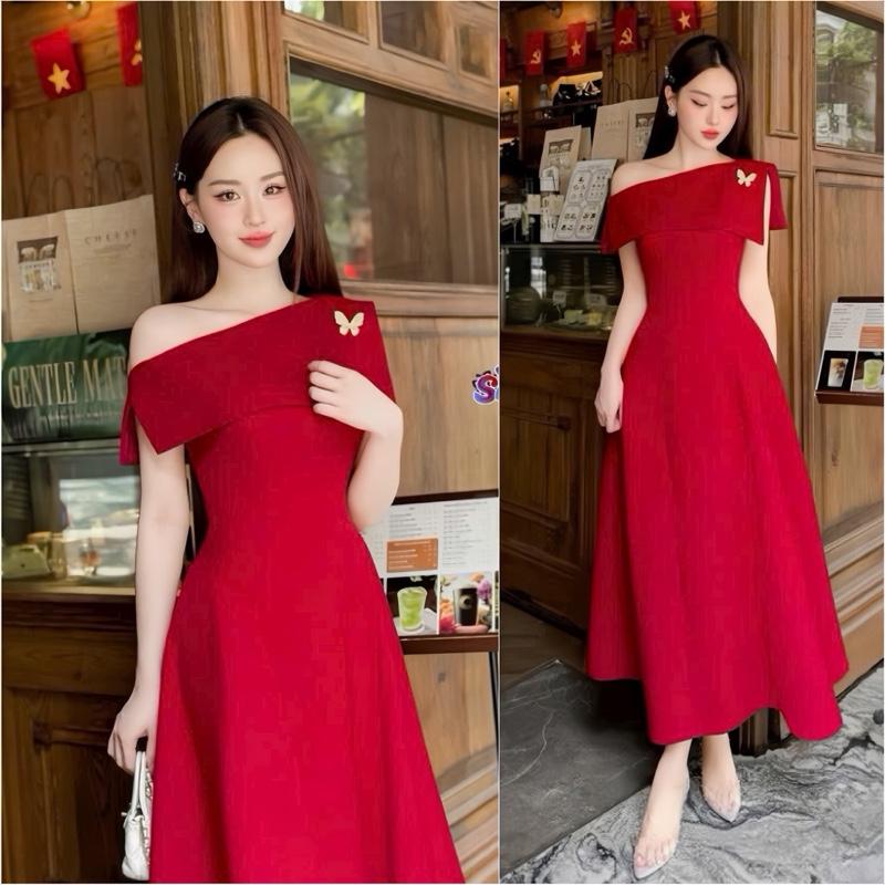  Đầm Đỏ Dự Tiệc Lệch Vai H187  Kèm Tag  Dáng Xoè Mặc Đi Cưới Đi Tết Đi Chơi Noel - Akara Closet 