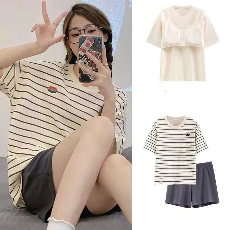 Women's summer short sleeved home wear two-piece set with chest cushion sleepwear 2025 new summer cartoon plus size