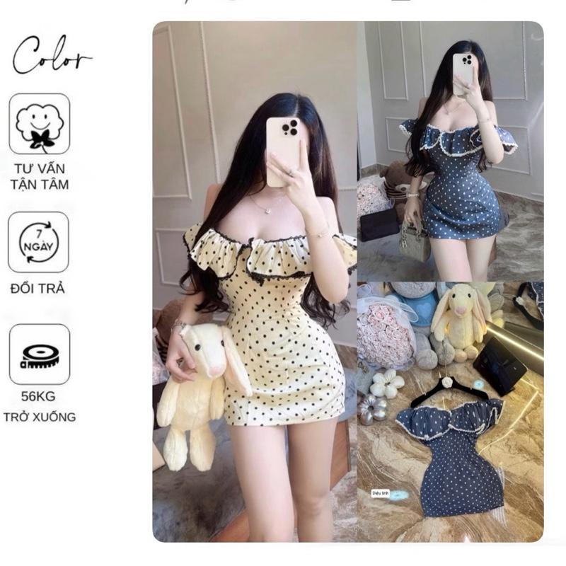 VHT01 “ BÈO BI “ Đầm ôm body dáng trễ vai phối bèo ren đen nhún by CarrotShop