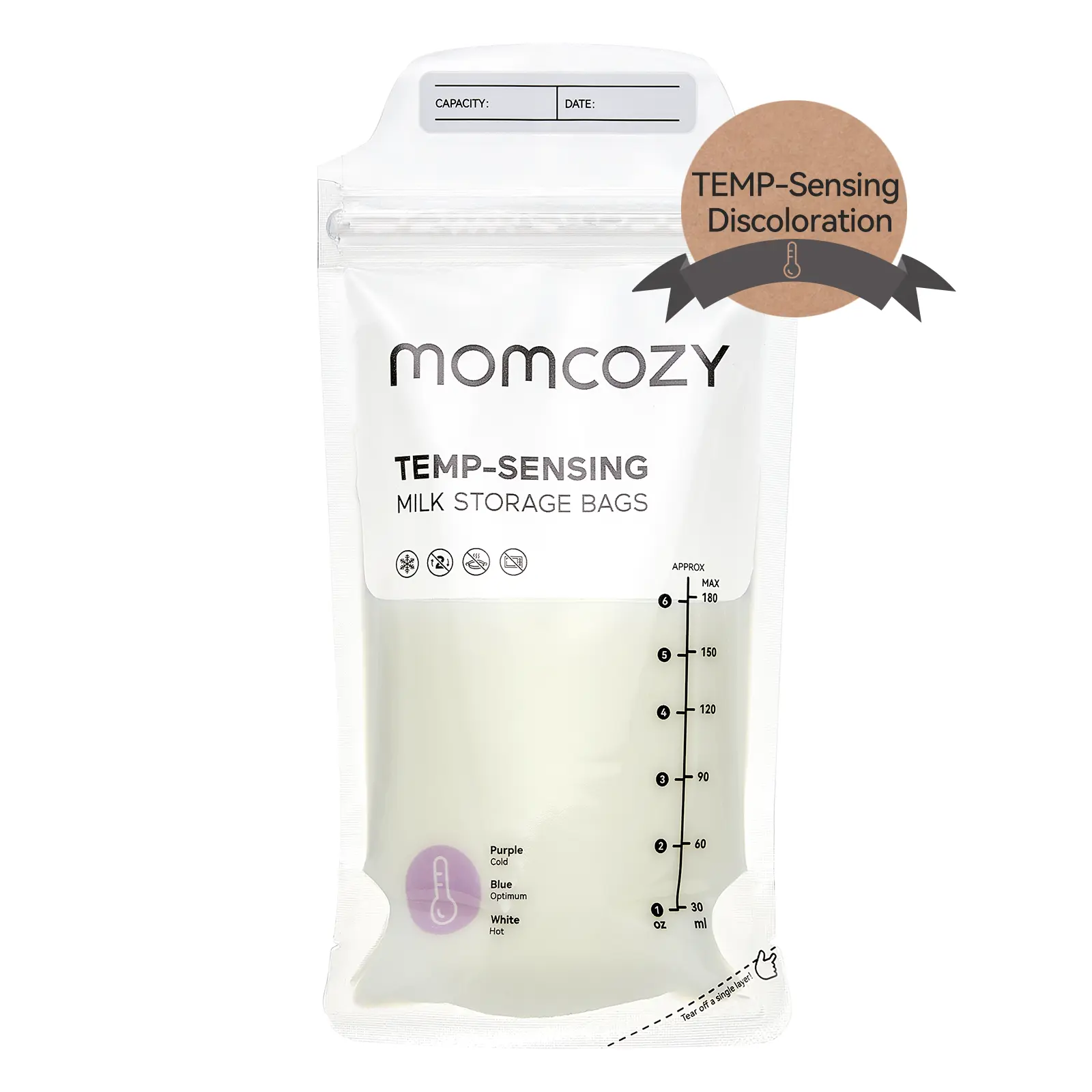 Breastmilk Storing Bags, Temp-Sensing Discoloration Milk Storing Bags for Breastfeeding, Disposable Milk Storage Bag with 6 Ounce Self Standing, No-Leak Milk Freezer Storage Pouches