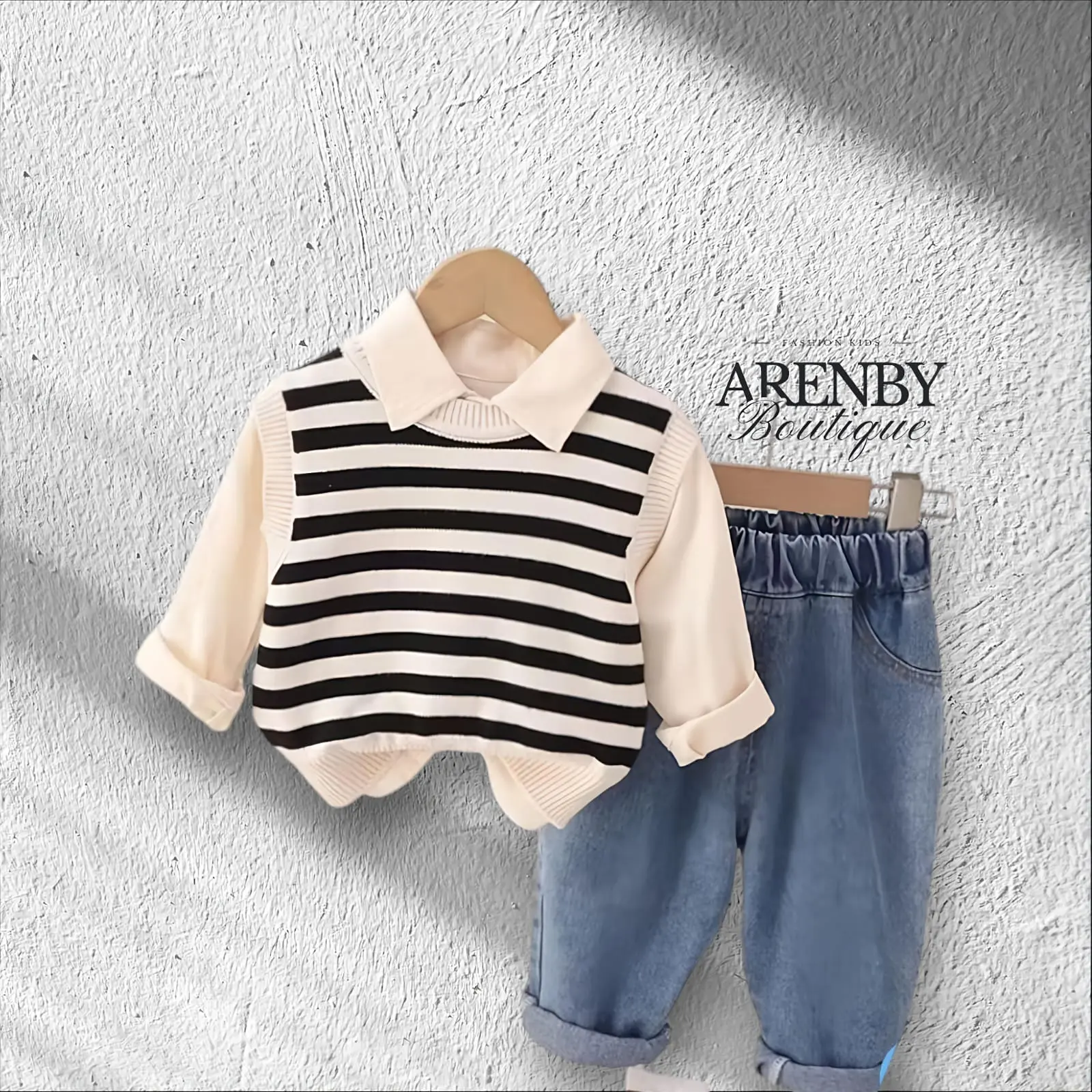 Setelan Baju Kemeja 3IN1 Anak Perempuan Usia 1-6 Tahun Motif Garis OneSet Katun