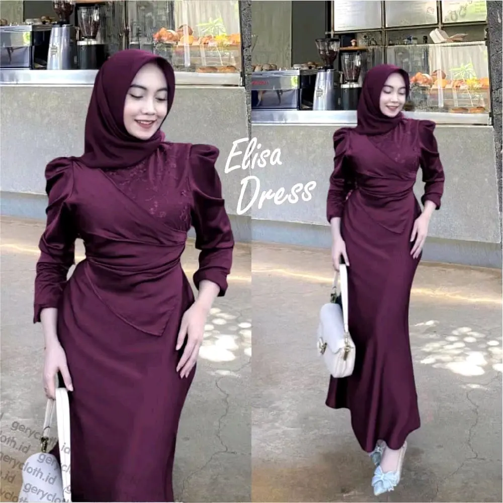 Elisa Dress Burkat By Yumna Collection Satin Silk Premium Wanita Kondangan Muslim Body Fit Viral Mermaid 2025 Terbaru Gamis
