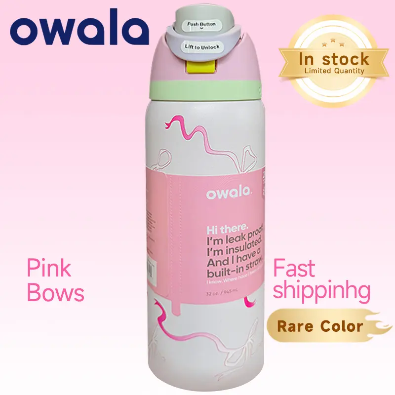 (pink ribbon) Water Bottle Owala FreeSip original Insulated Stainless Steel Water Bottle with Straw for Sports and thermos cup sports water bottle vacuum thermos cup sports original water bottle outdoor sports straw water cup Drinkware Flasks Portable