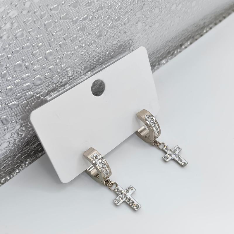 Anting Jepit Salib Permata Diamond Mewah Elegant Titanium Stainless Steel 1