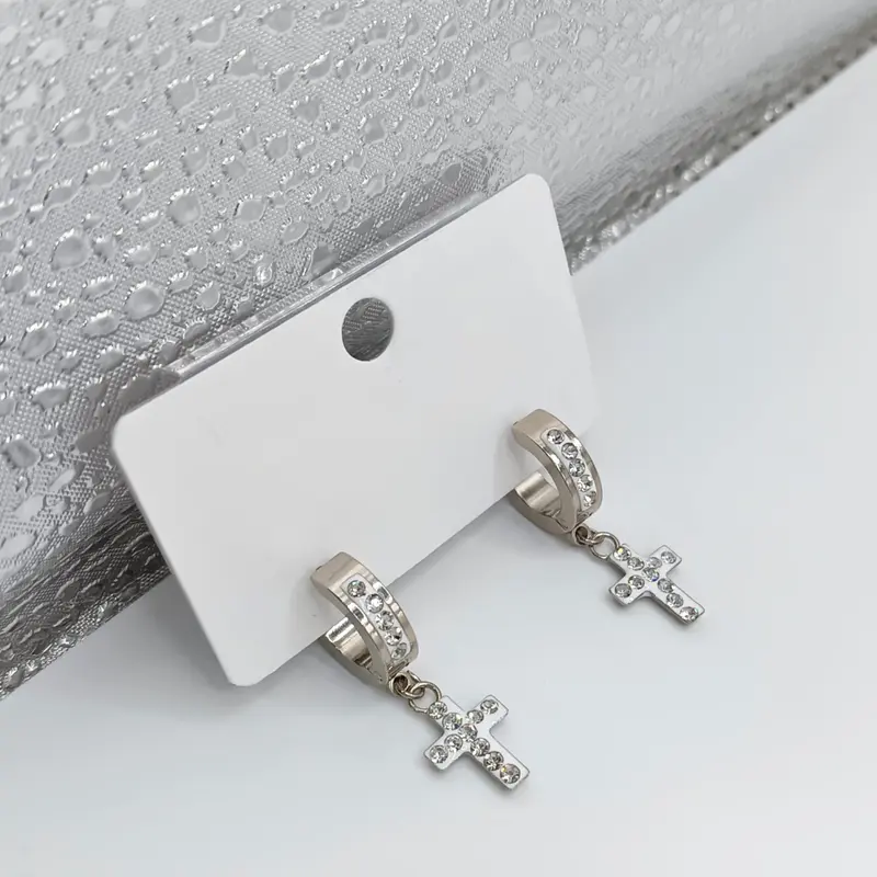 Anting Jepit Salib Permata Diamond Mewah Elegant Titanium Stainless Steel 1