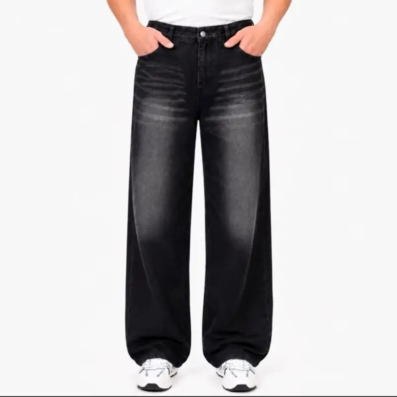 Celana Jeans Wide Leg whisker Lebar gombrong Sekena Black Wisker Pria Loose Straight Fit jumbo Bahan Denim Nyaman Oversize Panjang Hitam