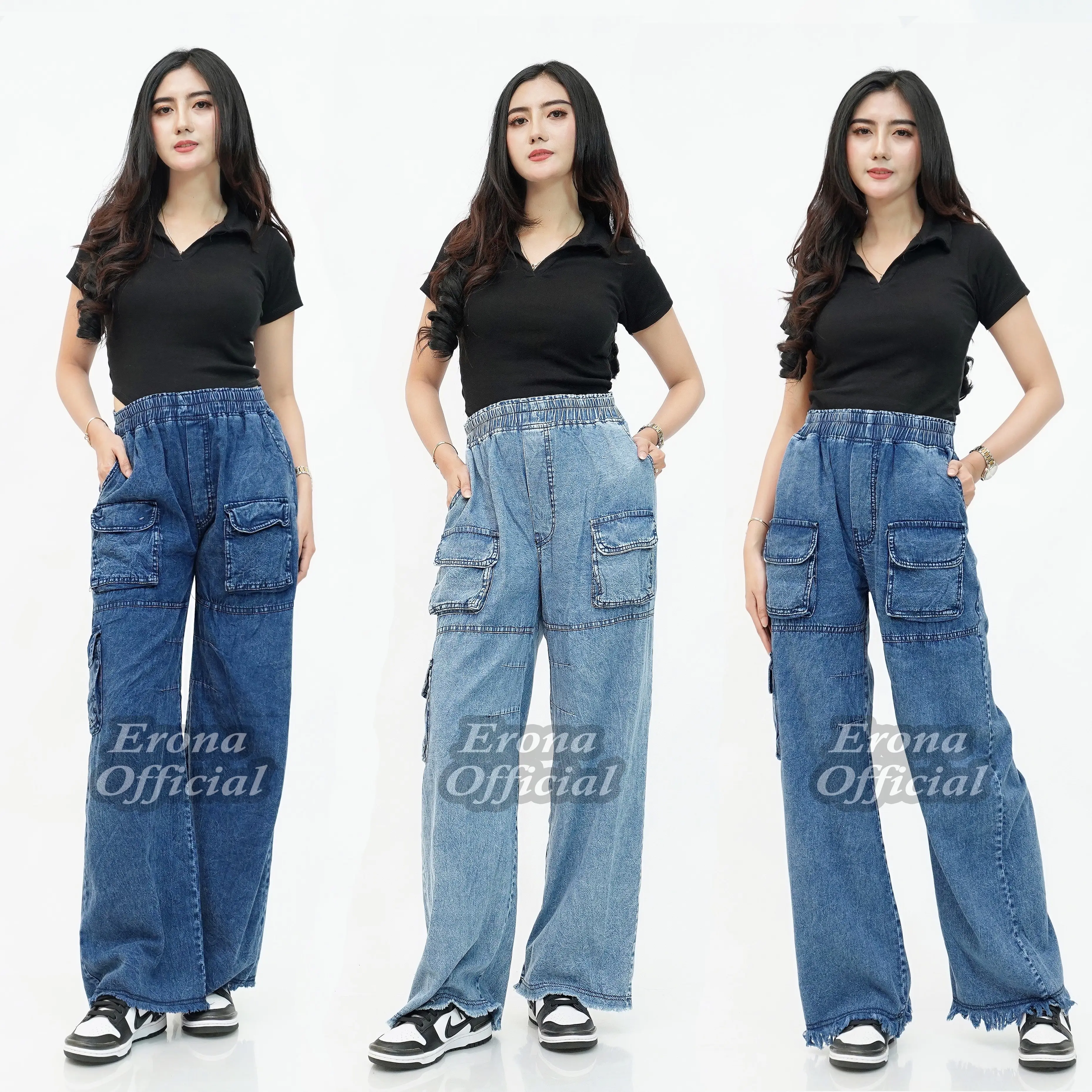 Erona_id - Celana Jeans Kulot Cargo Panjang Rawis Unfinished Wanita Skena Kekinian 2025 dengan Karet Pinggang Elastis dan 3 Kantong Samping-Depan Dewasa Cewek