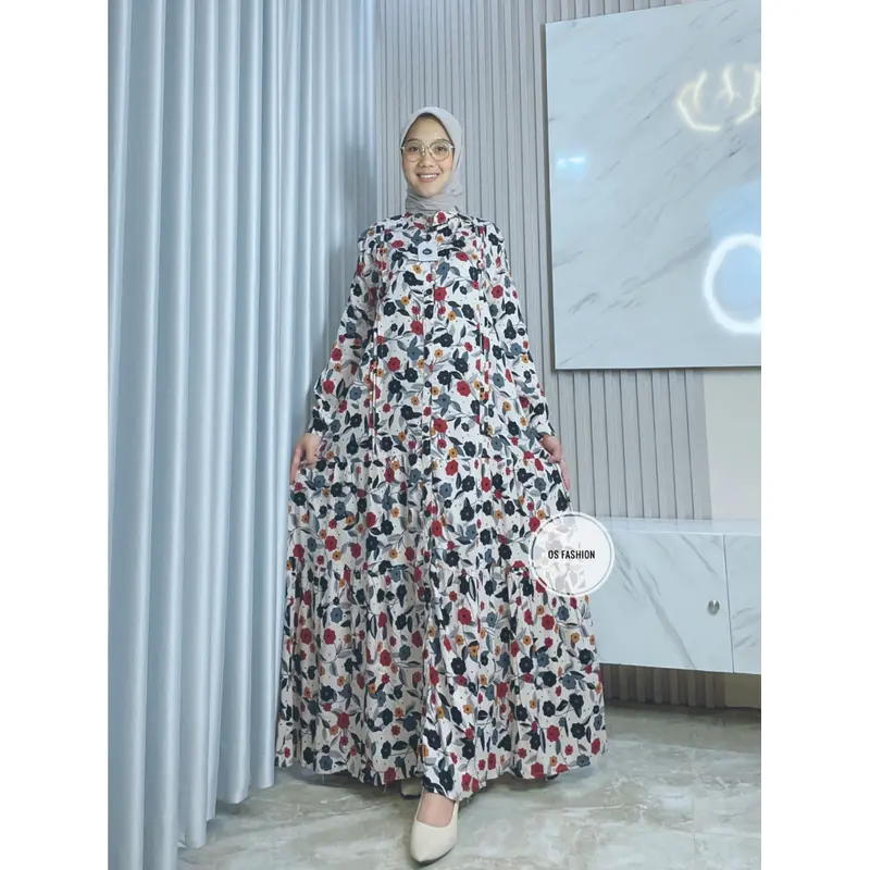 Nabila Dres Wanita Panjang Rayon Cantik Kancing Premium Gamis Rayon Motif Bunga dan Abstrak Terlaris  By Os 3