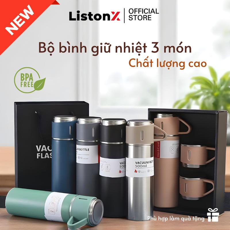   Bộ Quà Tặng  Bình Giữ Nhiệt 3 Món 500ml | Chất Liệu Thép 304 | Thiết Kế Nắp Chống Rò Rỉ | Bình Nước Uống Cầm Tay Tiện Dụng 