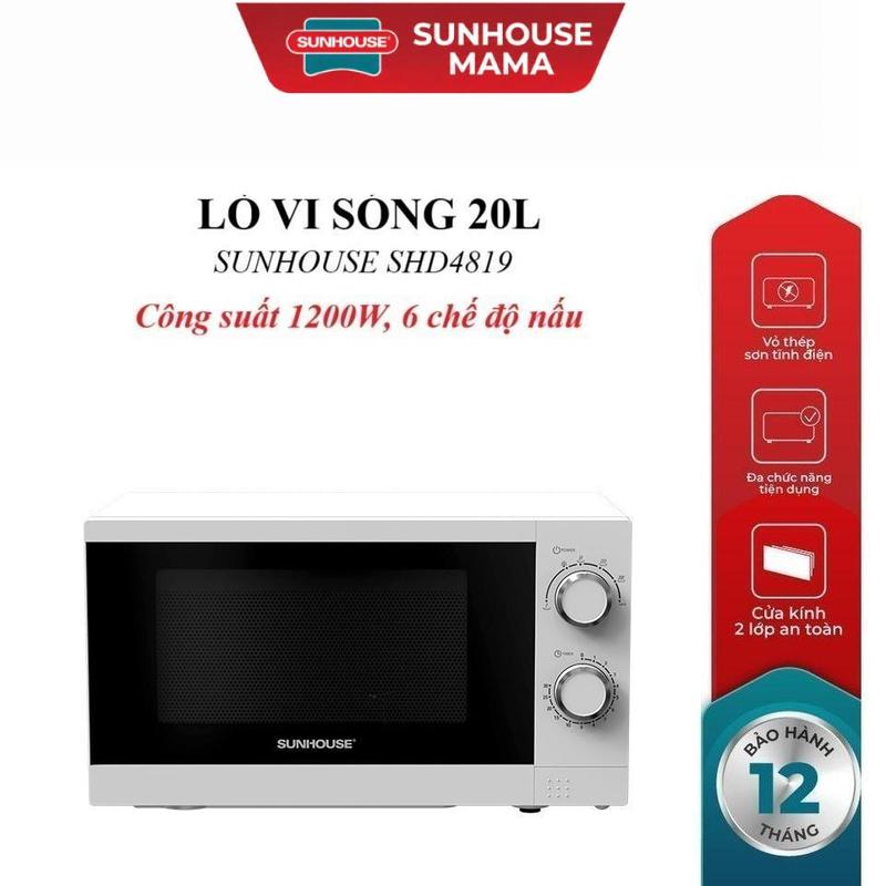 LÒ VI SÓNG 20L SUNHOUSE SHD4819, Công suất 1200W, 6 chế độ nấu, Cài đặt hẹn giờ, Kính 2 lớp siêu bền
