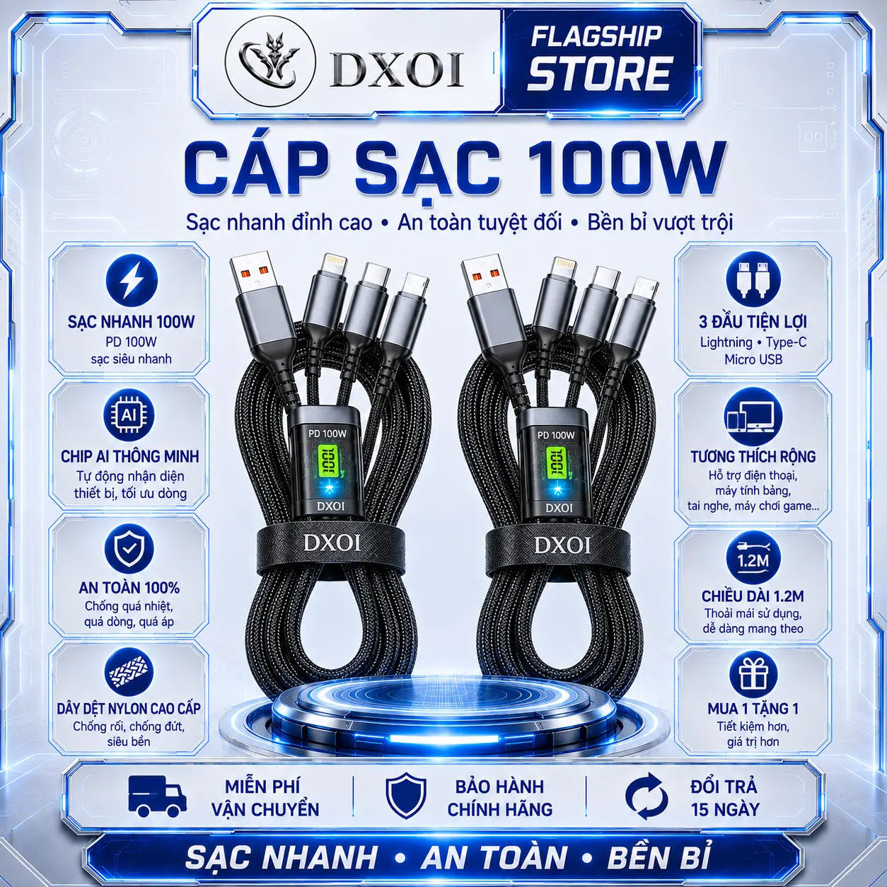 【Chính hãng + Mua 1 Tặng 1】Cáp dữ liệu ba trong một, Sạc siêu nhanh 100W, Sạc nhanh 66W, Thích hợp cho Huawei, Apple và Android, Cáp sạc điện thoại di động ba trong một, [Thanh Toán Khi Nhận Hàng]