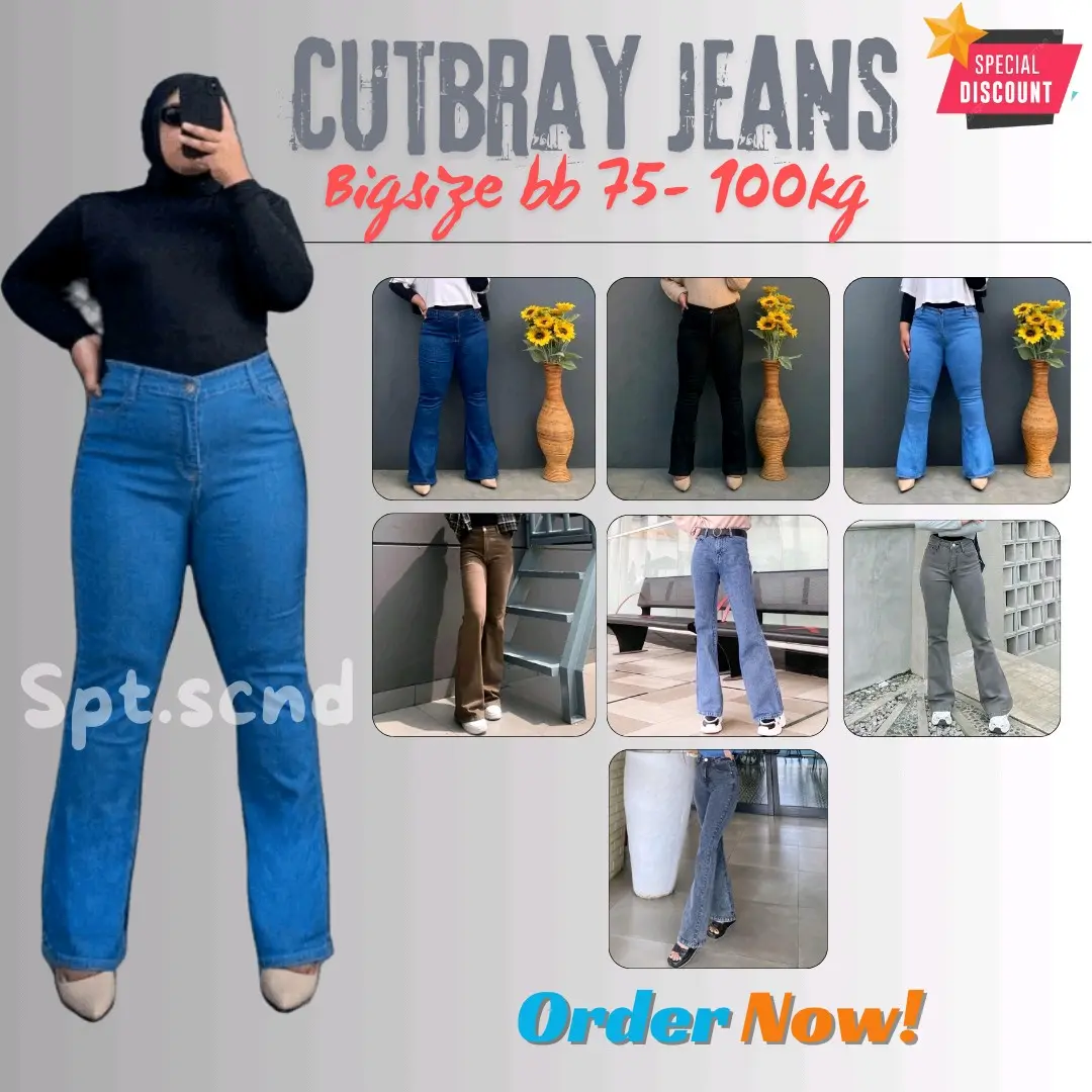 Celana Cutbray Jeans Jumbo Wanita Highwaist Stretch Panjang Muat BB 100 Kg