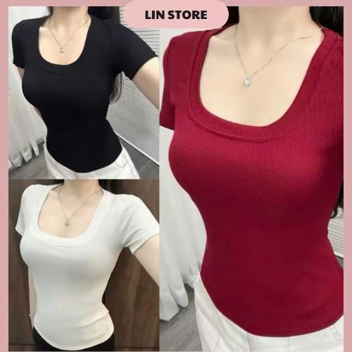 Áo thun nữ cổ vuông bản mới năm 2025 chất thun tăm gân co dãn mềm mát áo thun trơn chất tăm lạnh dáng ngắn ôm body màu đỏ, xanh, trắng, ghi, đen