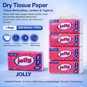 Jolly Tisu Wajah 250 Sheets Isi 4 Pcs Dry Tissue Paper Berkualitas Lembut Kuat & Higienis Cocok untuk Rumah Kantor