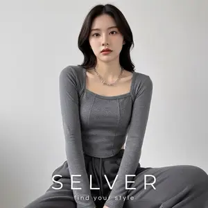 SELVER - Crop Top Square Neck Long Sleeve Baju Crop Top Wanita Tangan Panjang Atasan Polos Rib Katun Premium Melar (S/M/L/XL)