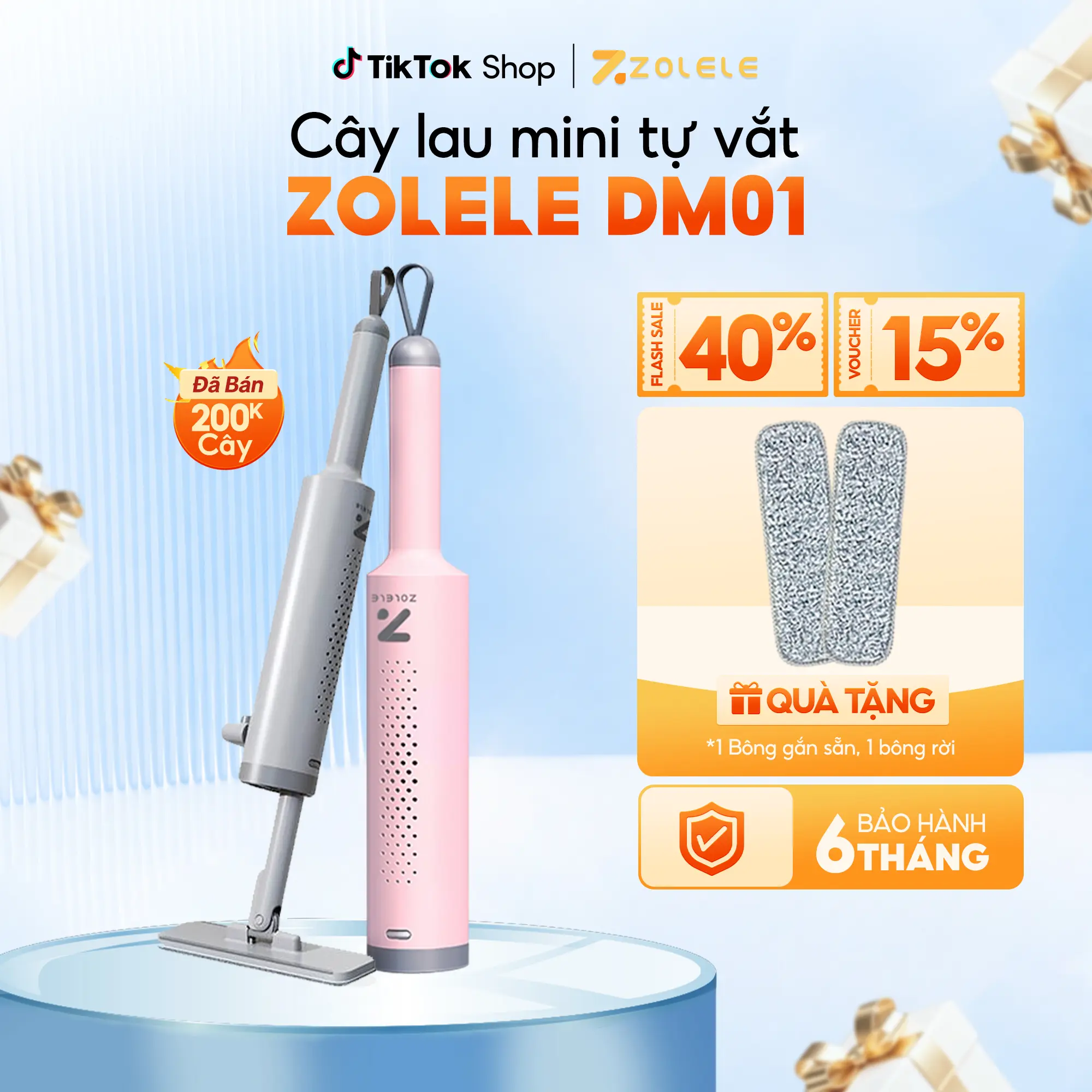 Cây lau tự vắt mini cầm tay Zolele DM01, cây lau bếp mini thanh gạt nước tự động làm sạch lau sàn