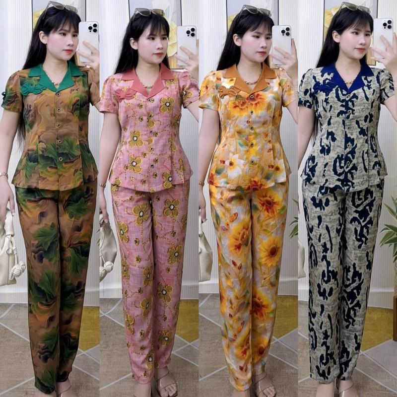 Quần dài - ống ôm Set bộ áo form chích 6 ben cổ vest đính nơ quần dài vải mango mềm nhẹ mát xxxl tay ngắn bộ đồ cho gia đình