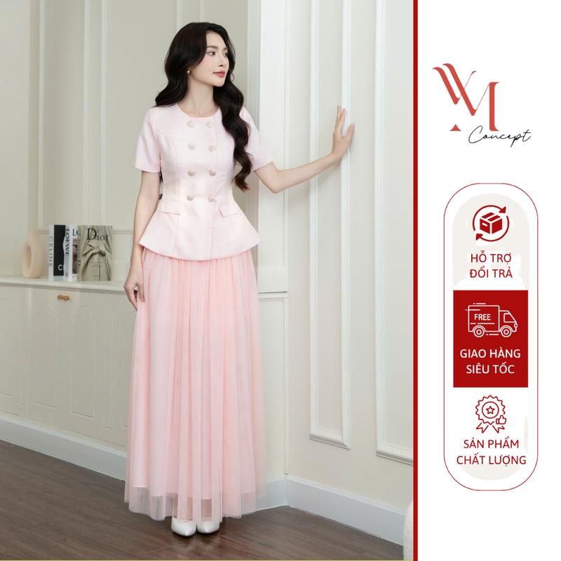 YM Concept Set Áo Tay Ngắn Thanh Lịch Màu Xanh Phối Chân Váy Lưới Sang Trọng - Thiết Kế Hiện Đại Tỉ Mỉ D1368