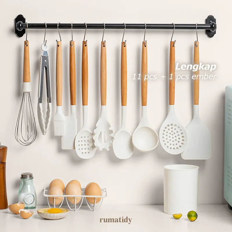 SILY Spatula Set 12pcs Alat Masak Silicone Sodet Steak Clip Set Oil Brush Kitchen Cooking Kayu Kitchenware 2