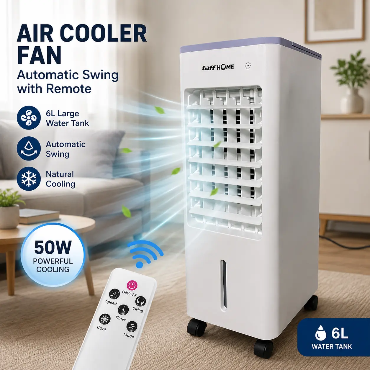 Air Cooler Fan Automatic Swing Remote 50W 6L 220V Putih DY-30A TaffHOME
